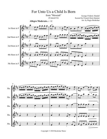 Free Sheet Music For Unto Us A Child Is Born From Messiah G French Horn Quintet