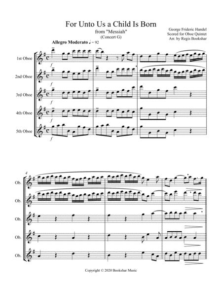 For Unto Us A Child Is Born From Messiah G Oboe Quintet Sheet Music