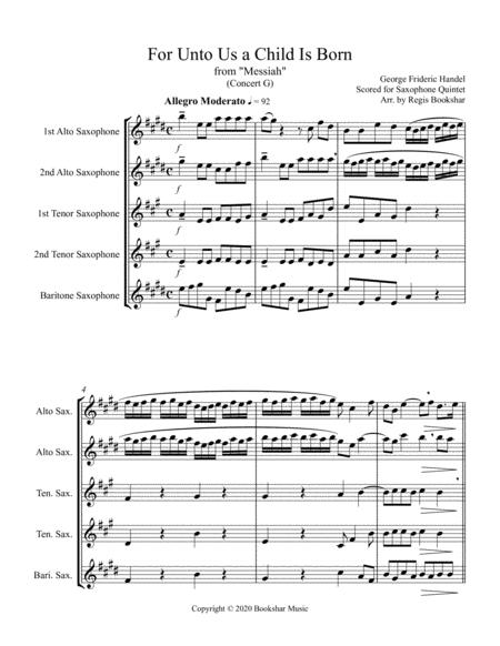 For Unto Us A Child Is Born From Messiah G Saxophone Quintet Sheet Music