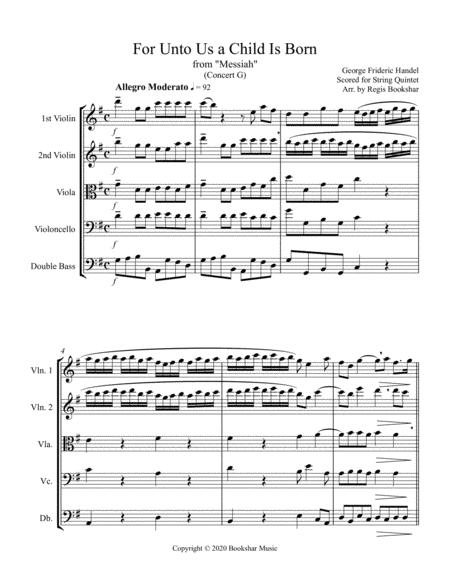 For Unto Us A Child Is Born From Messiah G String Quintet Sheet Music