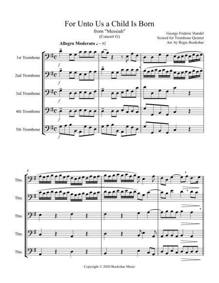 For Unto Us A Child Is Born From Messiah G Trombone Quintet Sheet Music