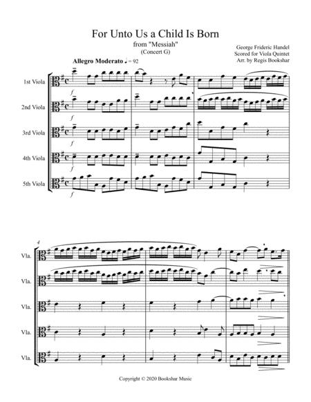 For Unto Us A Child Is Born From Messiah G Viola Quintet Sheet Music