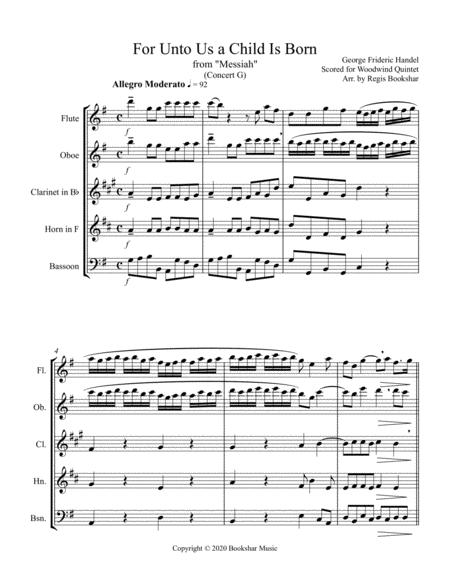 Free Sheet Music For Unto Us A Child Is Born From Messiah G Woodwind Quintet