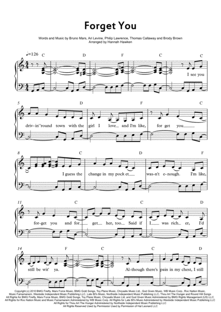 Forget You Easy Piano Sheet Music