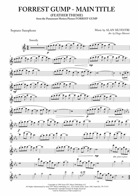 Free Sheet Music Forrest Gump Main Title Feather Theme For Saxophone Quartet