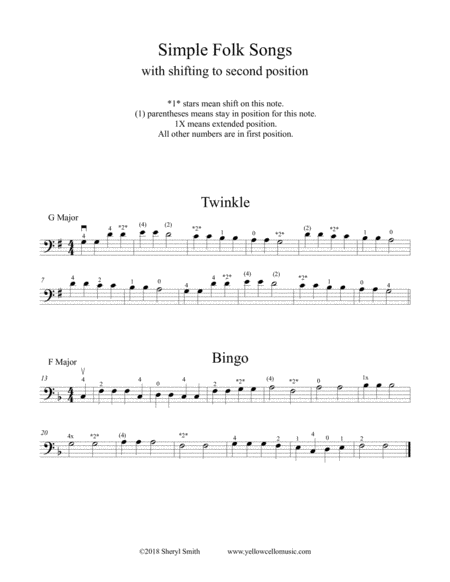 Four Familiar Folk Songs For Learning Second And Third Position On The Cello Sheet Music