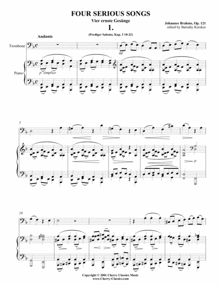 Four Serious Songs For Trombone Or Bass Trombone Piano Sheet Music