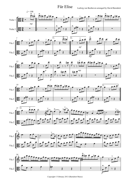 Fr Elise For Viola Duet Sheet Music