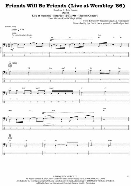 Friends Will Be Friends Live Wembley 86 Queen John Deacon Complete And Accurate Bass Transcription Whit Tab Sheet Music