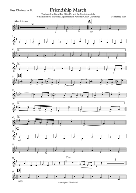 Friendship March Bass Clarinet Part Sheet Music