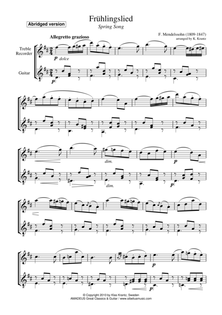 Fruhlingslied Spring Song For Treble Recorder And Guitar Sheet Music