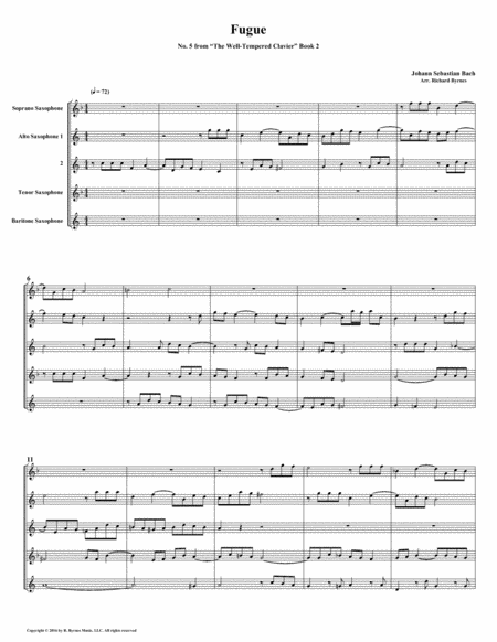 Free Sheet Music Fugue 05 From Well Tempered Clavier Book 2 Saxophone Quintet