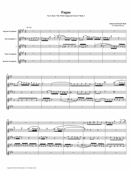 Fugue 06 From Well Tempered Clavier Book 1 Saxophone Quintet Sheet Music