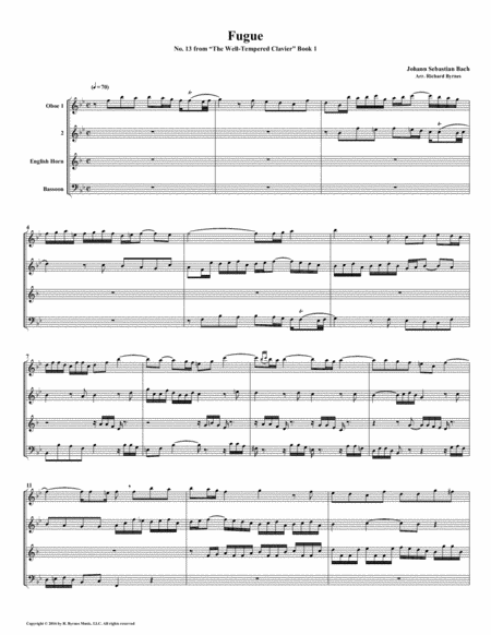 Fugue 13 From Well Tempered Clavier Book 1 Double Reed Quartet Sheet Music