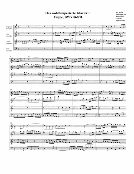 Free Sheet Music Fugue From Das Wohltemperierte Klavier I Bwv 868 Ii Arrangement For 4 Recorders