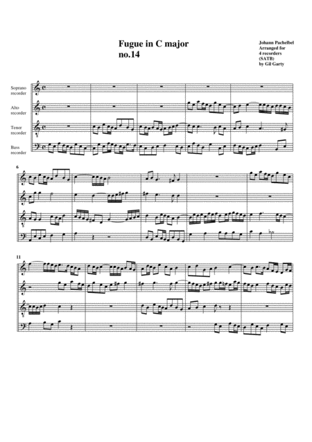 Fugue In C Major No 14 Arrangement For 4 Recorders Sheet Music