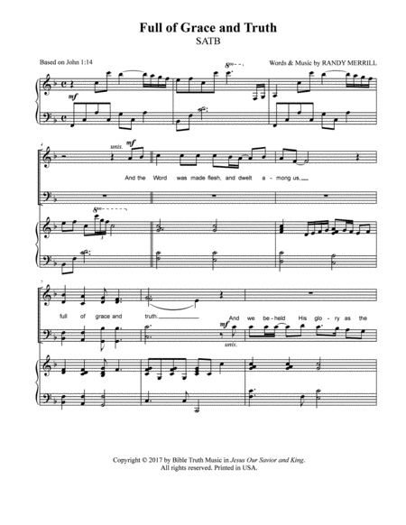 Free Sheet Music Full Of Grace And Truth