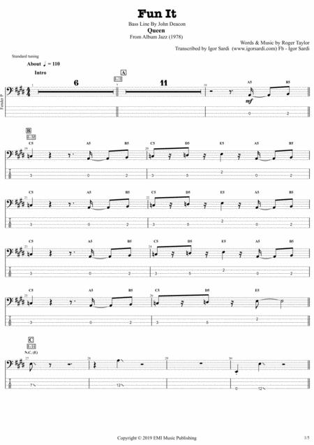 Fun It Queen John Deacon Complete And Accurate Bass Transcription Whit Tab Sheet Music