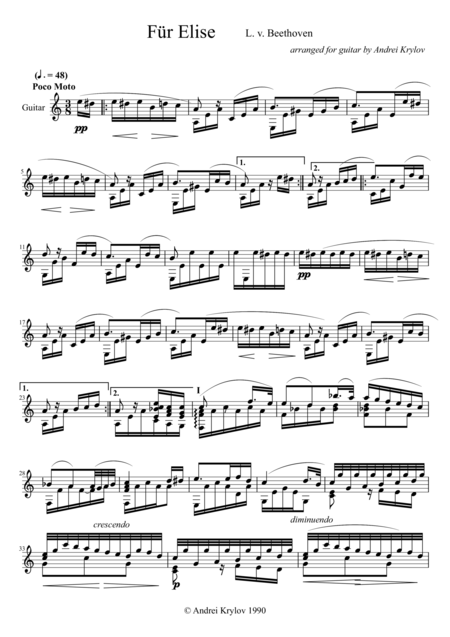 Fur Elise Bagatelle No 25 In A Minor Woo 59 And Bia 515 By Ludwig Van Beethoven Arrangement For Classical Guitar By Andrei Krylov Sheet Music