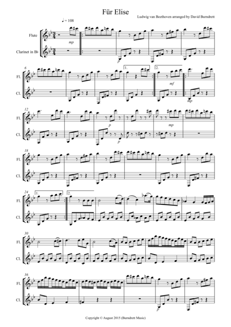 Fur Elise For Flute And Clarinet Duet Sheet Music