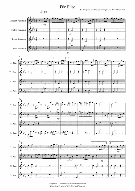 Fur Elise For Recorder Quartet Sheet Music