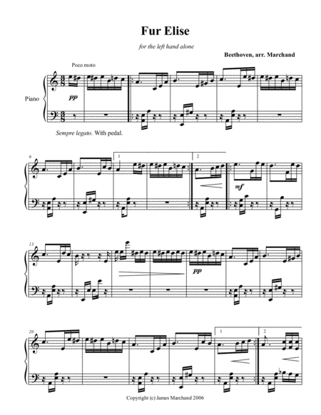 Fur Elise For The Left Hand Alone Sheet Music