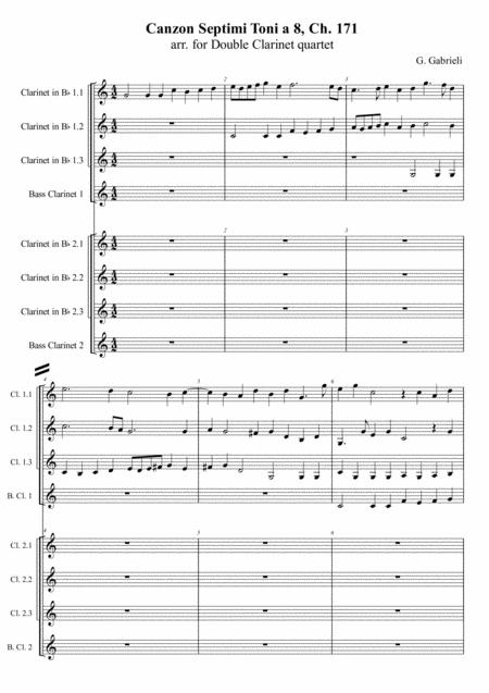 G Gabrieli Canzon Per Sonar Septimi Toni A 8 Ch 171 Arr For Double Clarinet Quartet Sheet Music