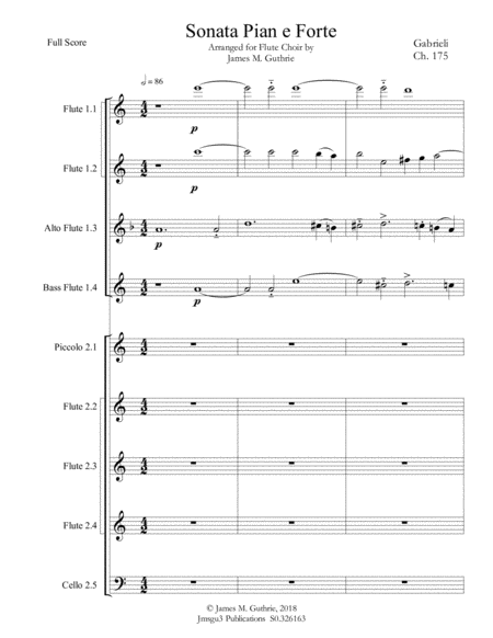 Gabrieli Sonata Pian E Forte Ch 175 For Flute Choir Sheet Music