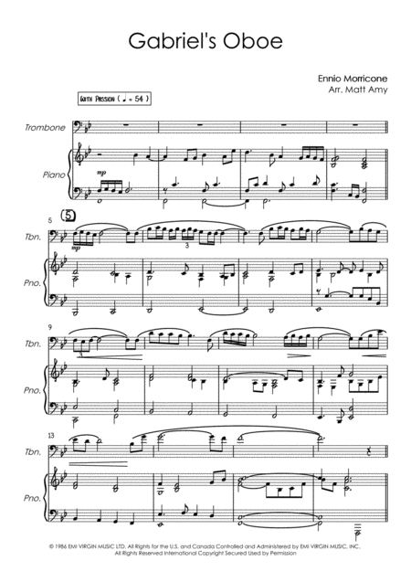 Gabriels Oboe Trombone Solo With Piano Sheet Music