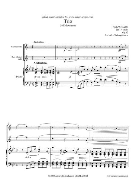 Gade Andantino 3rd Movement From Piano Trio Bb Clarinet Bass Clarinet And Piano Sheet Music