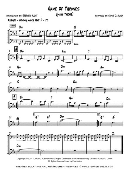 Game Of Thrones Main Theme Lead Sheet In Bass Clef For Cello Bassoon Trombone Or Bass Guitar Key Of Dm Sheet Music