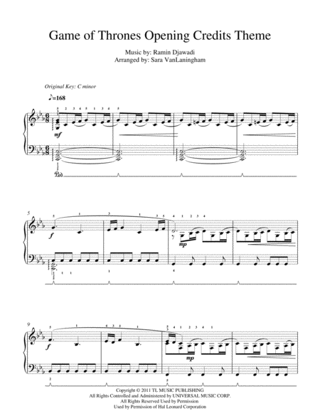 Game Of Thrones Opening Credits Theme Sheet Music