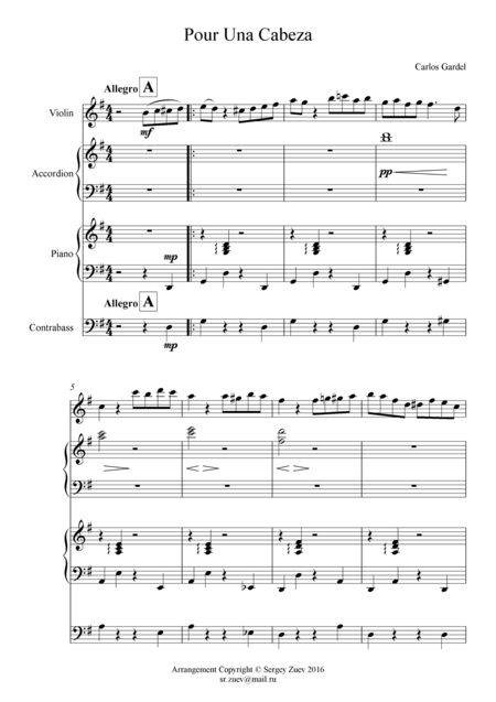 Free Sheet Music Gardel Pour Una Cabeza Quartet