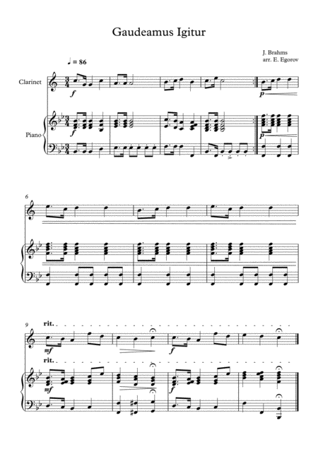 Free Sheet Music Gaudeamus Igitur Johannes Brahms For Clarinet Piano