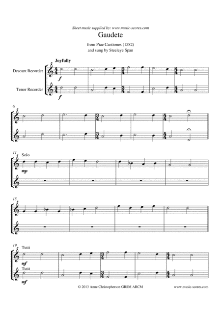 Gaudete Duet For Descant And Tenor Recorder Sheet Music