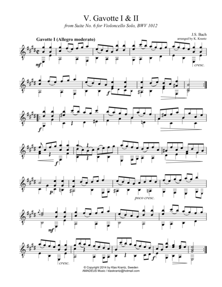 Gavotte 1 2 Bwv 1012 For Guitar Solo Sheet Music