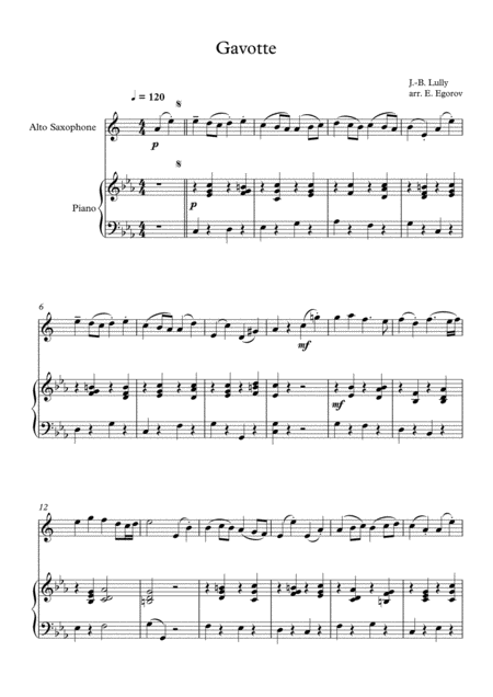 Free Sheet Music Gavotte Jean Baptiste Lully For Alto Saxophone Piano