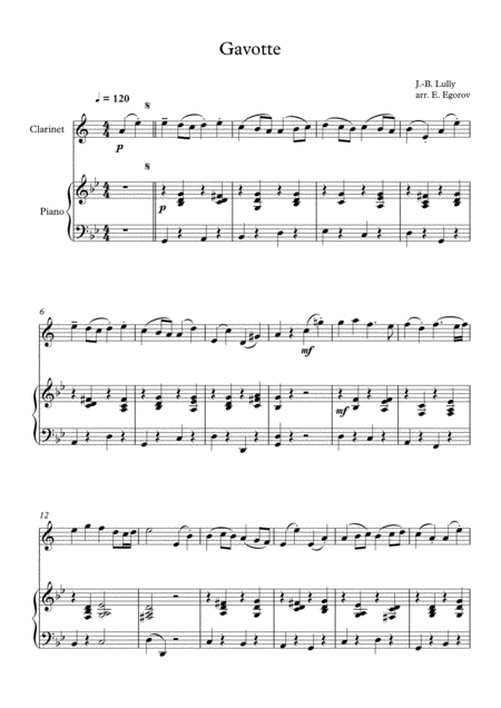 Free Sheet Music Gavotte Jean Baptiste Lully For Clarinet Piano