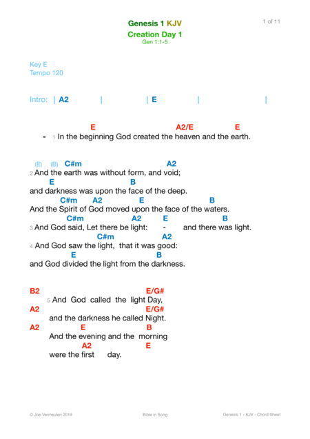 Genesis 1 In The Beginning Color Chord Sheet Sheet Music