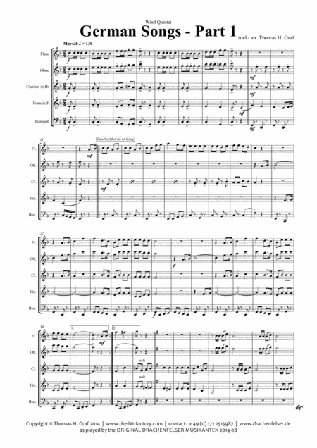 German Songs Part 1 Oktoberfest Wind Quintet Sheet Music