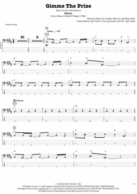 Gimme The Prize Queen John Deacon Complete And Accurate Bass Transcription Whit Tab Sheet Music