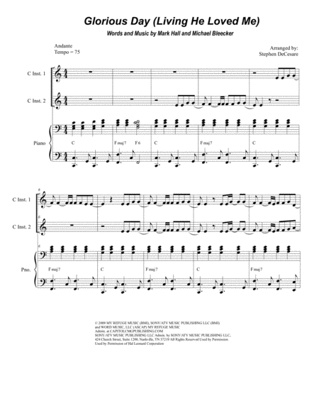 Free Sheet Music Glorious Day Living He Loved Me Duet For C Instruments