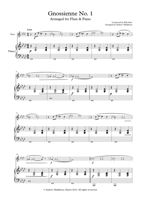 Gnossienne No 1 Arranged For Flute And Piano Sheet Music