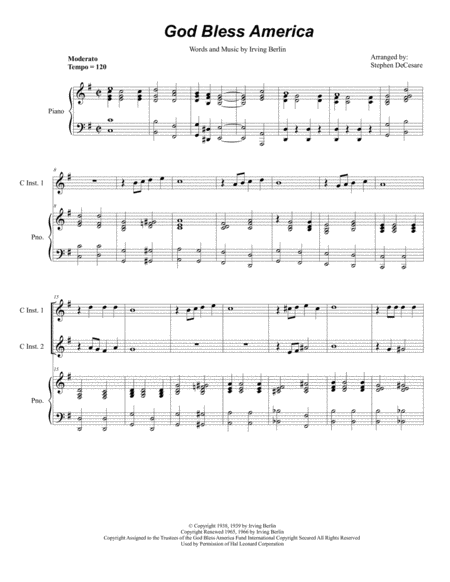 God Bless America Duet For C Instruments Sheet Music