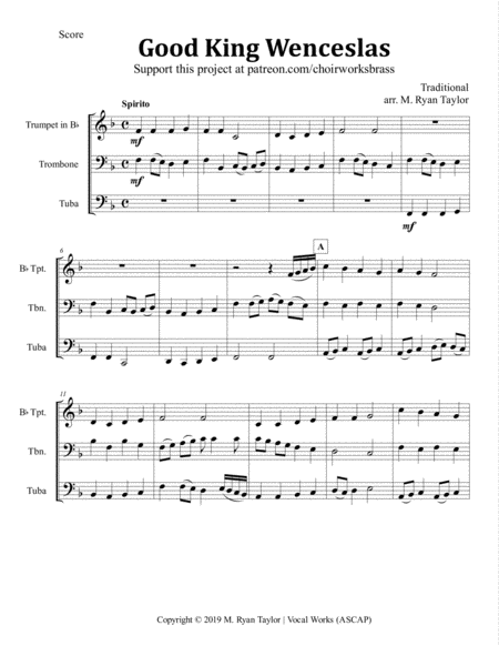 Free Sheet Music Good King Wenceslas For Brass Trio Trumpet Trombone Tuba