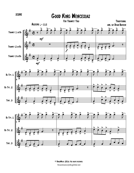 Free Sheet Music Good King Wenceslas For Trumpet Trio