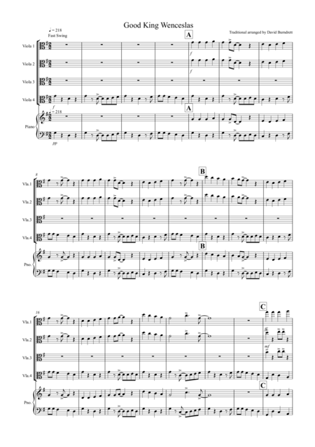 Good King Wenceslas Jazzy Style For Viola Quartet Sheet Music