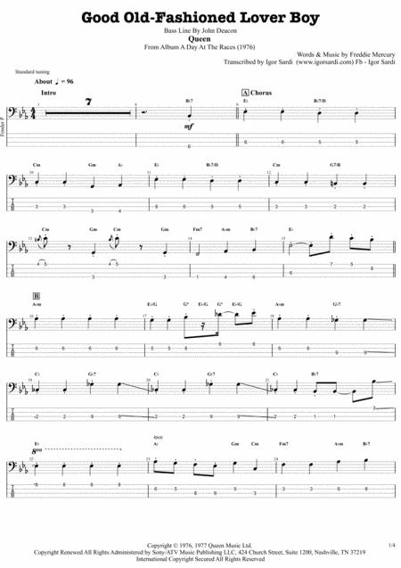 Good Old Fashioned Lover Boy Queen John Deacon Complete And Accurate Bass Transcription Whit Tab Sheet Music