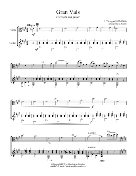 Gran Vals Grand Waltz For Viola And Guitar Sheet Music