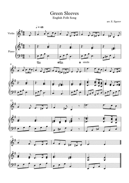 Green Sleeves English Folk Song For Violin Piano Sheet Music